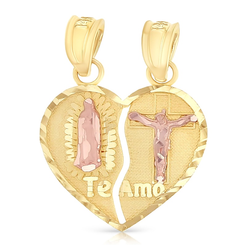 14K Gold Religious Guadalupe Jesus Broken Heart Te Amo Charm Pendant
