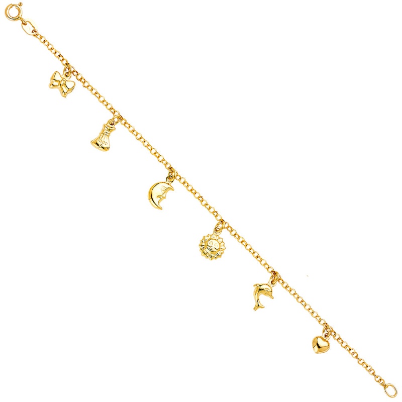 14K Solid Gold Hanging Bow Moon Sun Dolphin Heart Charm Bracelet - 7'