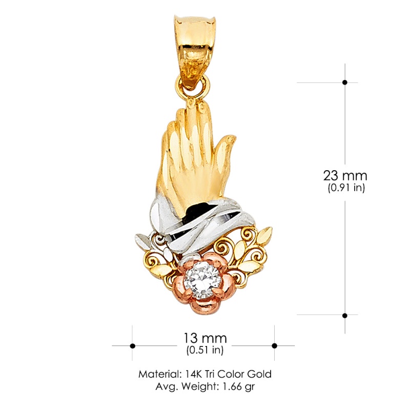 14K Gold Praying Hands Religious Pendant With Cz