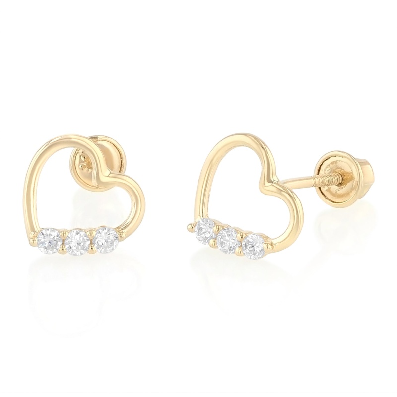 14K Gold Cz Heart Stud Earrings