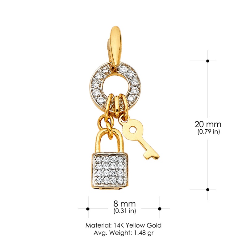 14K Gold Cz Key & Lock Charm Pendant
