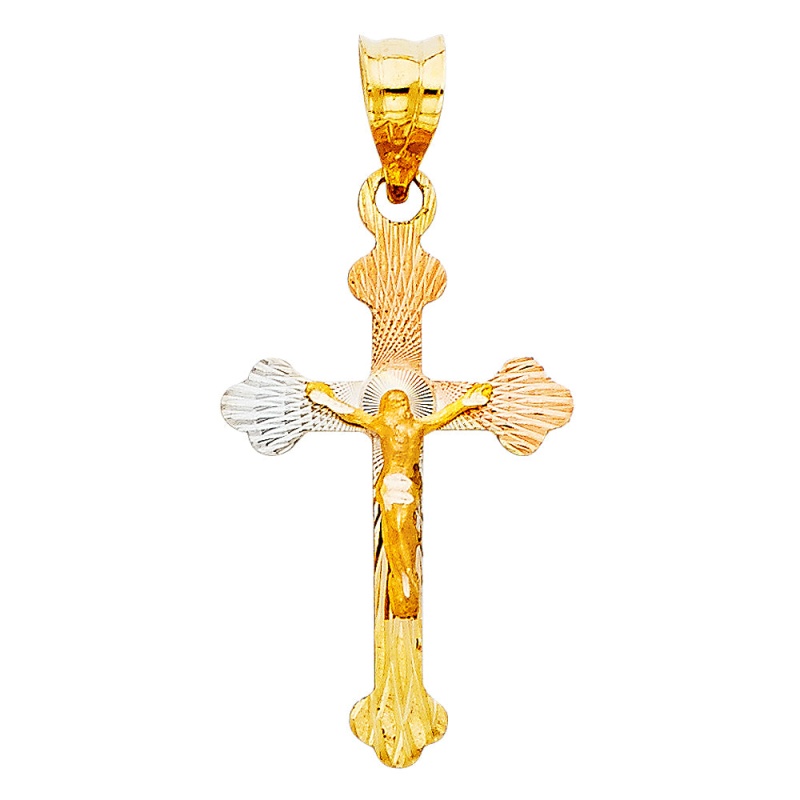 14K Gold Diamond Cut Crucifix Jesus Cross Stamp Religious Pendant