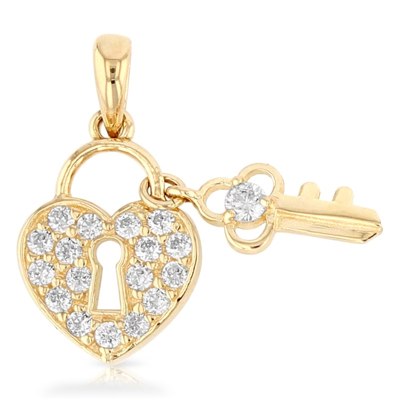 14K Gold Heart Lock & Key Czstudded Cz Charm Pendant