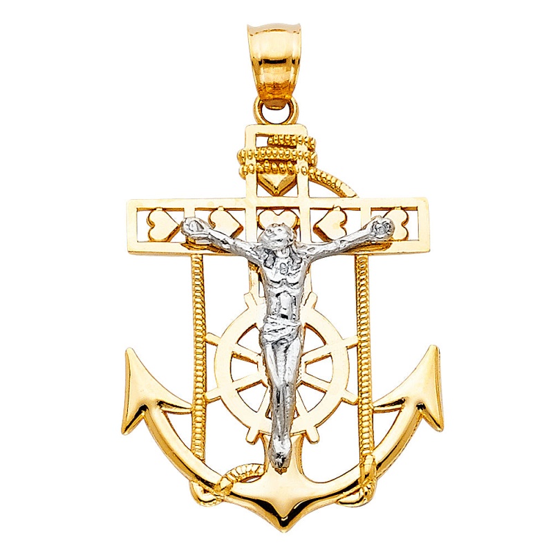 14K Gold Jesus Crucifix Anchor Religious Pendant