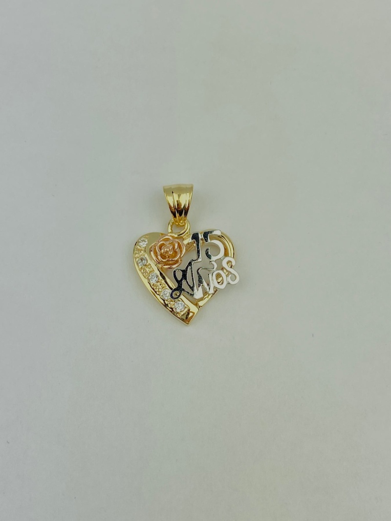 14K Gold Quinceanera Heart And Flower Cz Charm Pendant