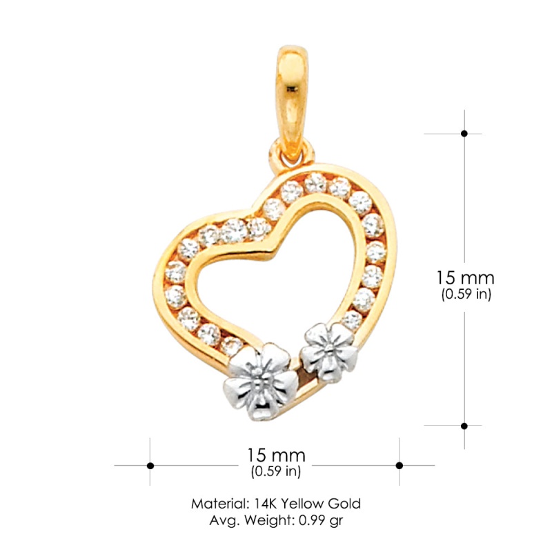 14K Gold Tilted Hollow Heart With Small Flowers Cz Charm Pendant