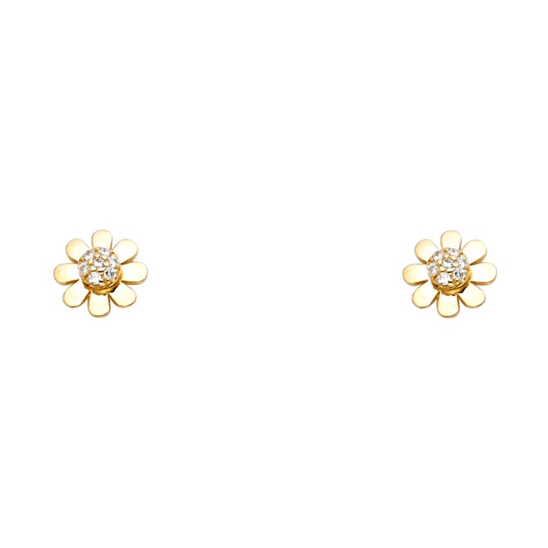 14K Gold Cz Flower Stud Earrings