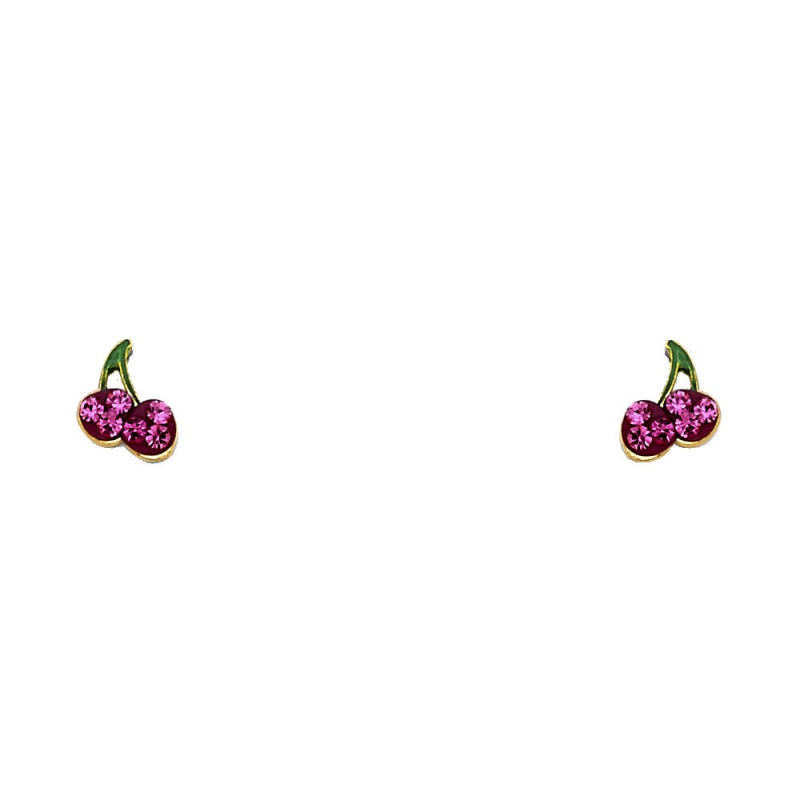 14K Gold Crystal Cherry Fruit Stud Earrings
