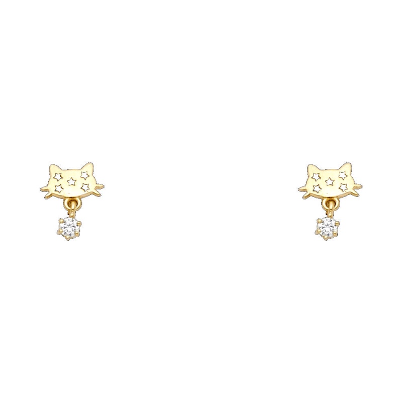 14K Gold Cz Cute Cat Kitten With Tiny Stars Stud Earrings