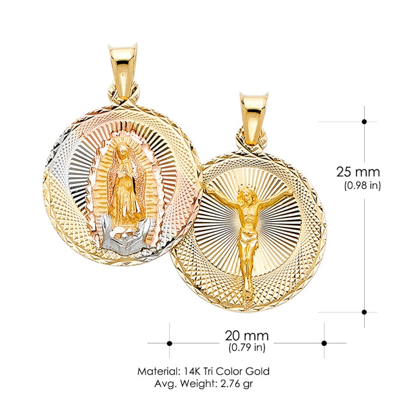 14K Gold Diamond Cut Double Side Stamp Virgin Mary & Jesus Religious Pendant
