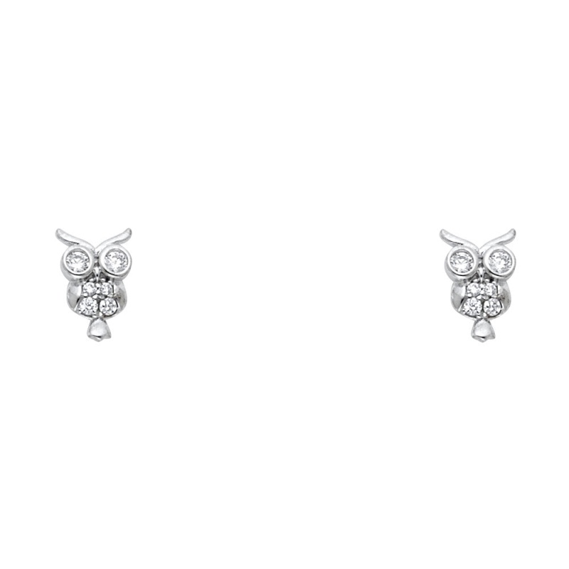 14K Gold Cz Stone Owl Stud Earrings