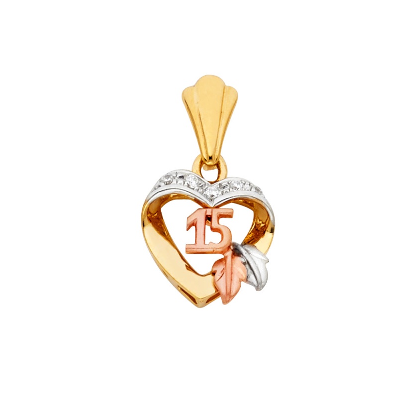 14K Gold Quinceanera Heart & Leaft Cz Charm Pendant