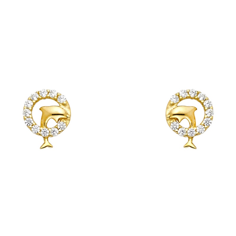 14K Gold Cz Tiny Dolphin And Circle Stud Earrings