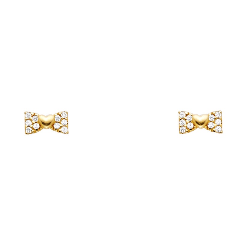 14K Gold Cz Ribbon Bow And Heart Stud Earrings