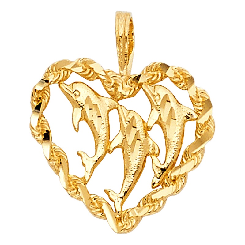 14K Gold Heart & Dolphin Charm Pendant