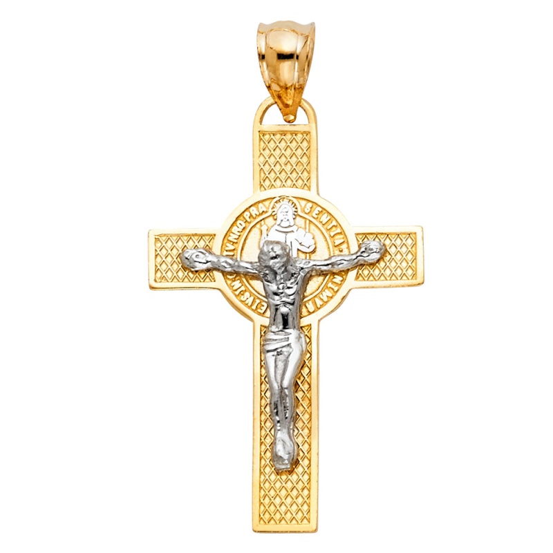14K Gold Saint San Benito Crucifix Cross Religious Pendant