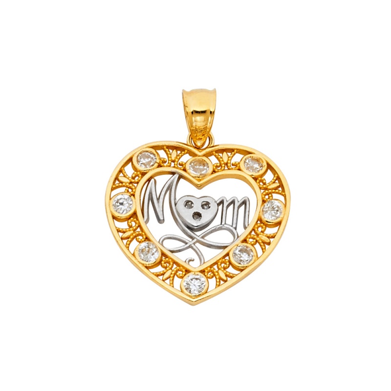 14K Gold Mom Heart Cz Charm Pendant