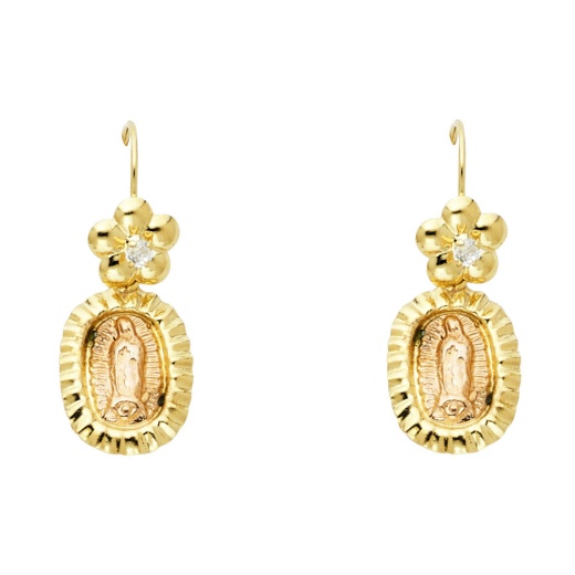 14K Gold Guadalupe And Flower Hanging Earrings - Ioka