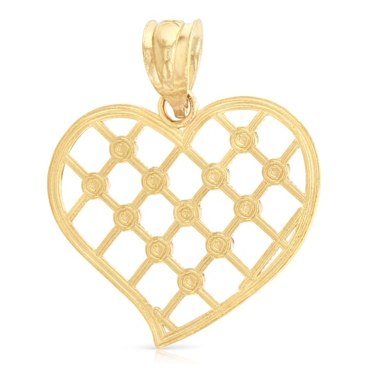 14K Gold Fancy Checkered Heart Charm Pendant - Ioka