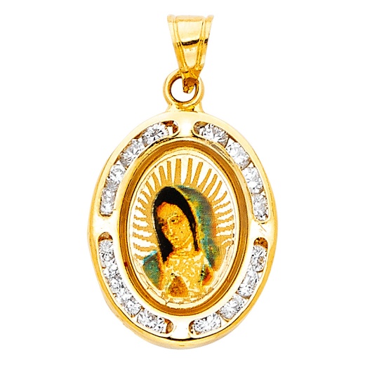 14K Gold Guadalupe Cz Religious Pendant