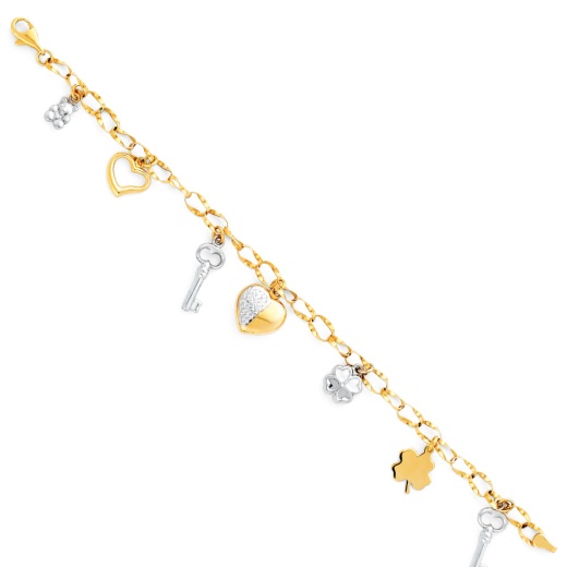 14K Gold Lucky Charms Clover Flower Heart Bear Hollow Bracelet - 7.5''