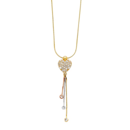 14K Gold Heart With 3 Drops Cz Heart Chain Necklace - 16'