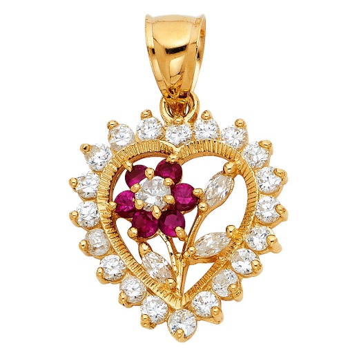 14K Gold Cz Heart With Flower Charm Pendant