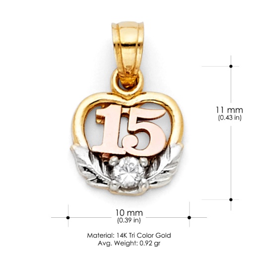 14K Gold 15 Years Birthday Quinceanera Heart Cz Charm Pendant