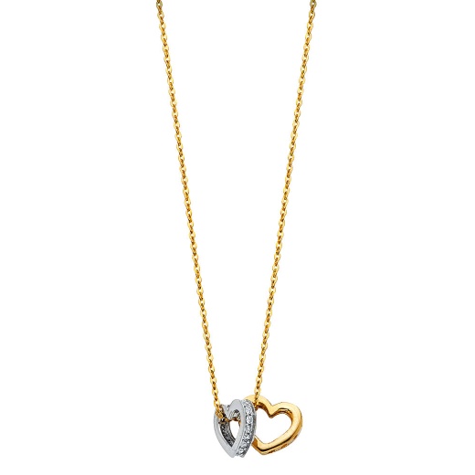 14K Gold Double Hearts Cz Pendant Charm Slides Chain Necklace - 17+1' - Ioka