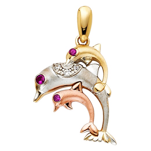 14K Gold Cz Dolphin Charm Pendant