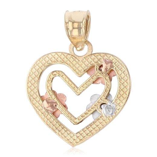 14K Gold Heart With Flower Charm Pendant - Ioka Jewelry