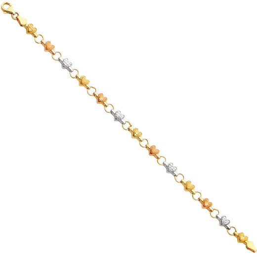 14K Gold Light Enamel Hearts Bracelet - 7.25'