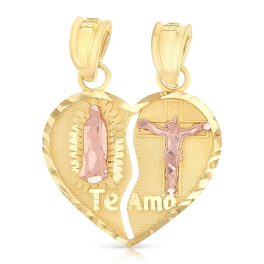 14K Gold Guadalupe Jesus Broken Heart Te Amo Charm Pendant