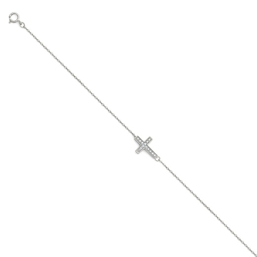 14K Solid Gold Light Cz Cross Chain Bracelet - 7+1'