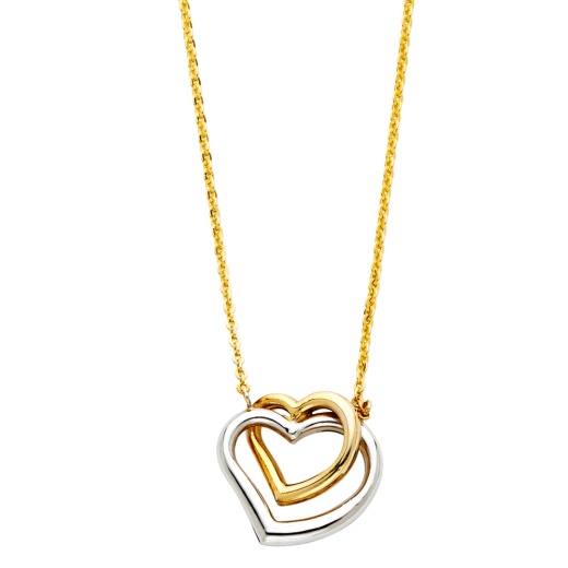 14K Gold Dual Hanging Hearts Pendant Charm Chain Necklace