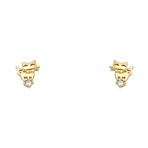14K Gold Cz Cute Cat Kitten Stud Earrings - Ioka