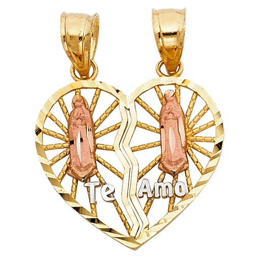 14K Gold Ioka Religious Guadalupe Broken Heart Te Amo Charm Pendant