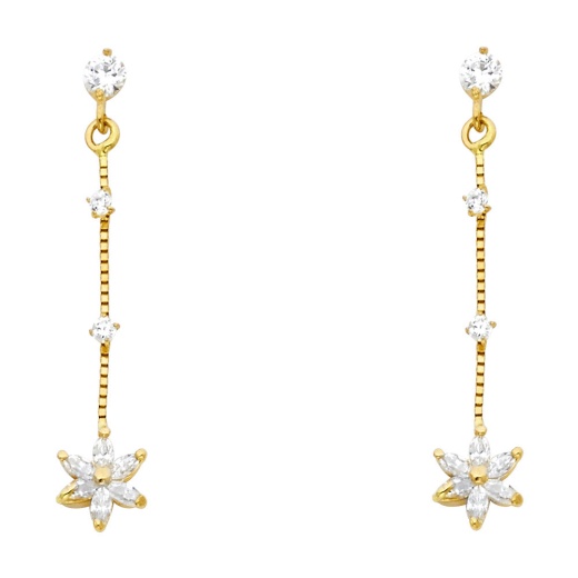 14K Gold Cz Flower Dangle Drop Stud Earrings