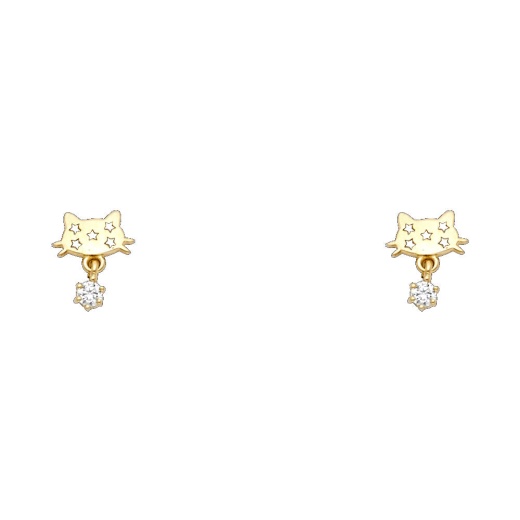14K Gold Cz Cute Cat Kitten With Tiny Stars Stud Earrings - Ioka