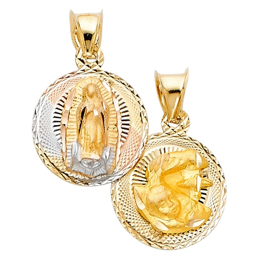 14K Gold Diamond Cut Double Side Stamp Virgin Mary Baptism Religious Pendant