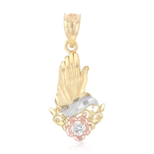 14K Gold Praying Hands Religious Pendant with Cz - Ioka