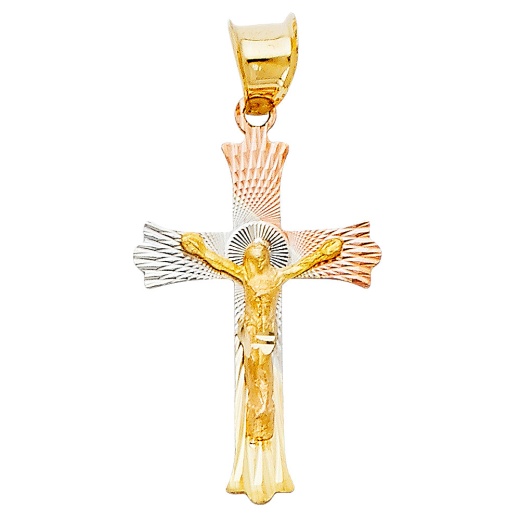 14K Gold Diamond Cut Crucifix Jesus Cross Stamp Religious Pendant