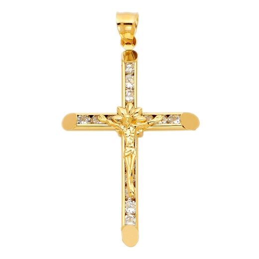14K Gold Cz Religious Crucifix Charm Pendant - Ioka