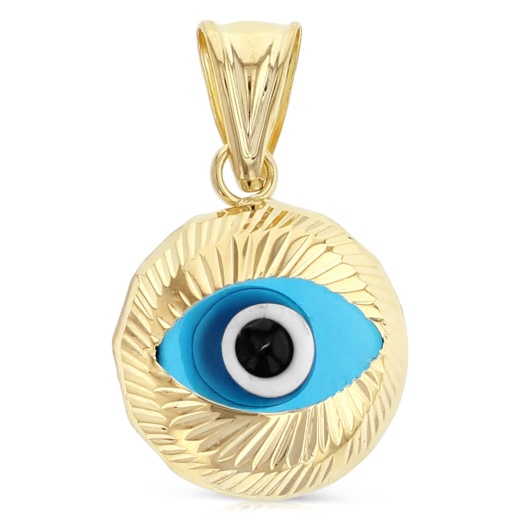 14K Gold Blue Evil Eye Fluted Round Charm Pendant - Ioka
