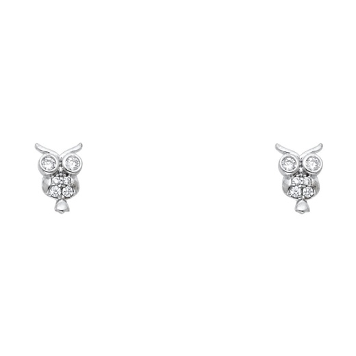 14K Gold Cz Stone Owl Stud Earrings - Ioka