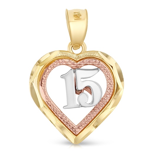 14K Gold 15 Years Birthday Quinceanera Heart Charm Pendant - Ioka