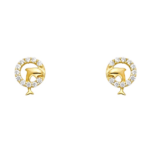 Ioka 14K Gold Cz Tiny Dolphin And Circle Stud Earrings