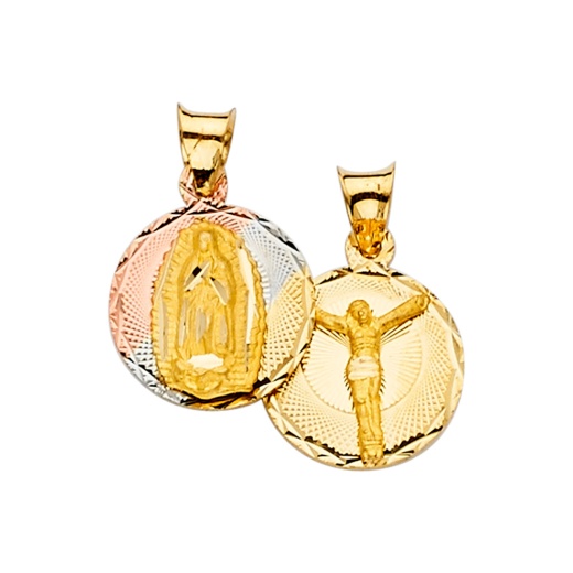 14K Gold Double Side Stamp Guadalupe & Crucifix Pendant