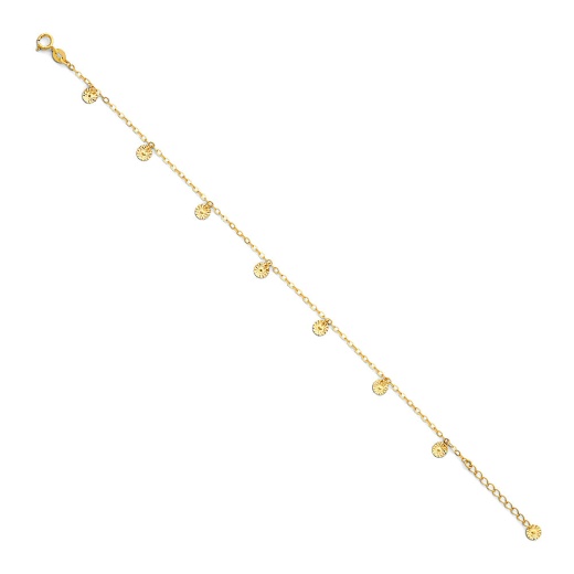 14K Solid Gold Light Round Disc Anklet - 9+1'