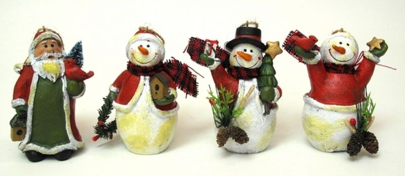 Resin Santa/Snowman Ornaments Set Of Four